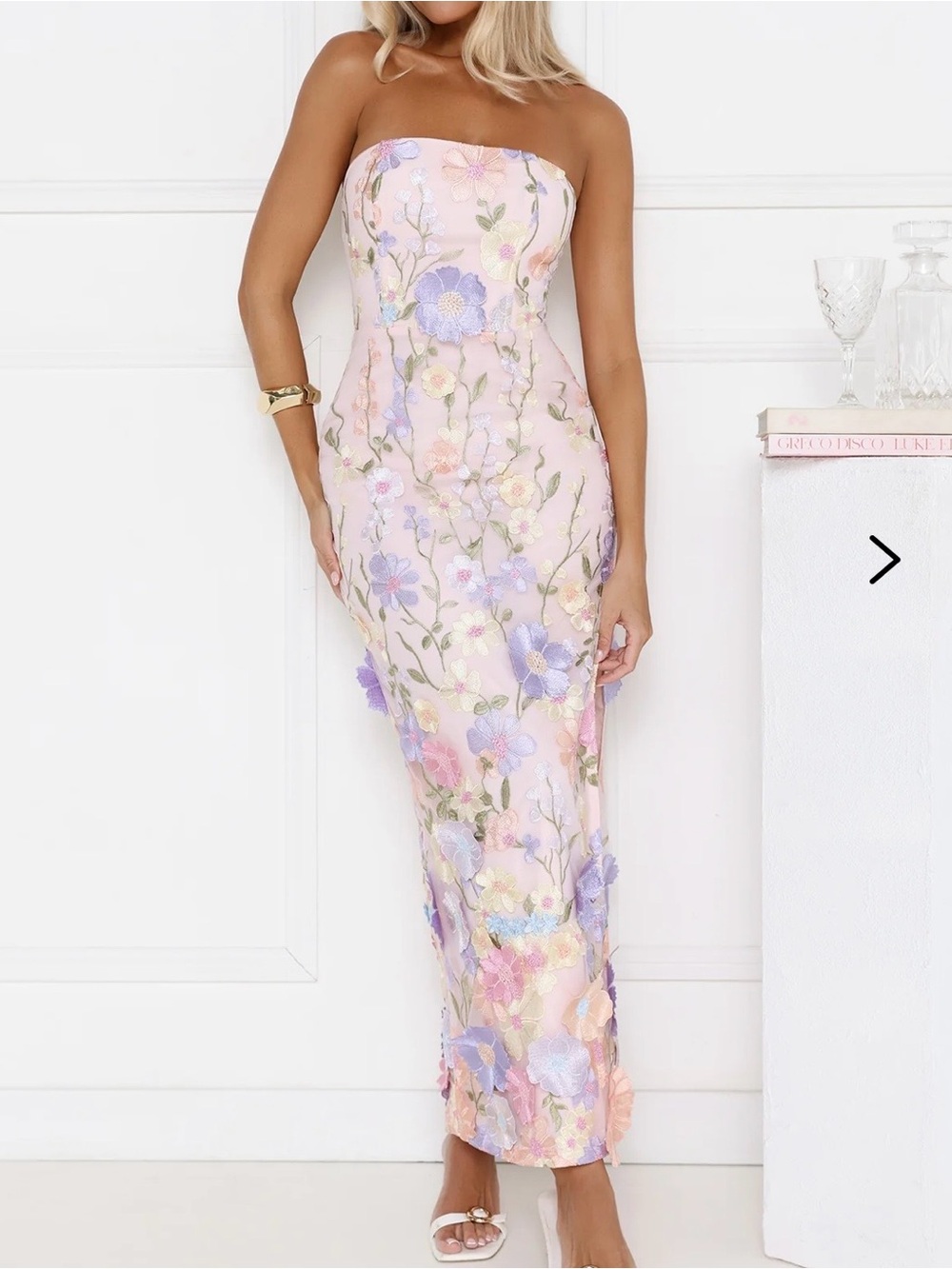 Hello Molly Strapless Pastel Floral Embroidered Midi Dress - Pink & Lavender